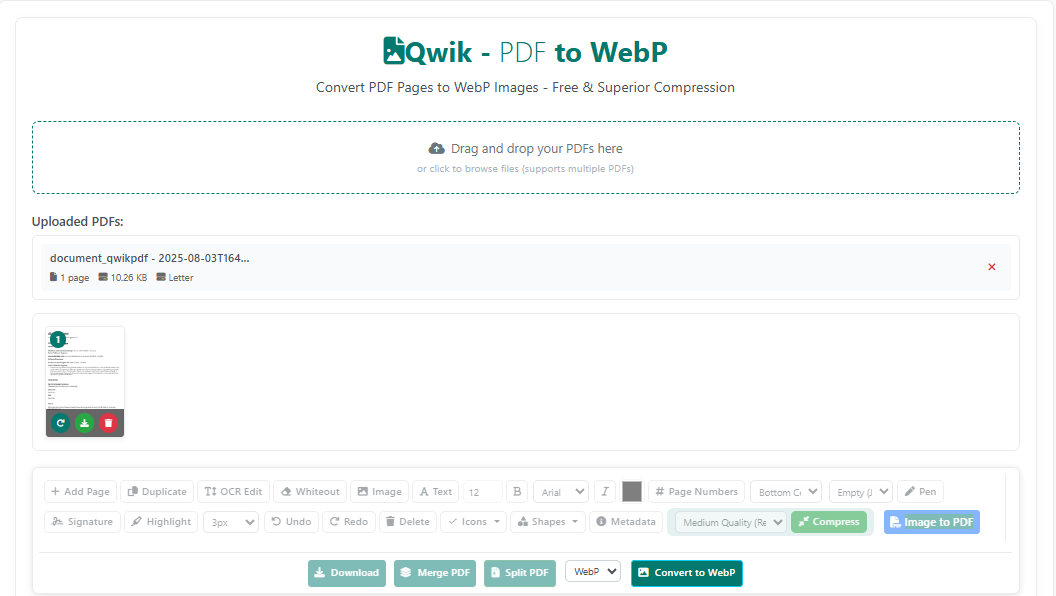 PDF to WebP conversion options